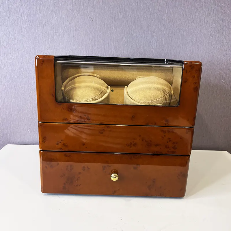 2 Slots Brown Watch Winder High Quality Square for Automatic Watches